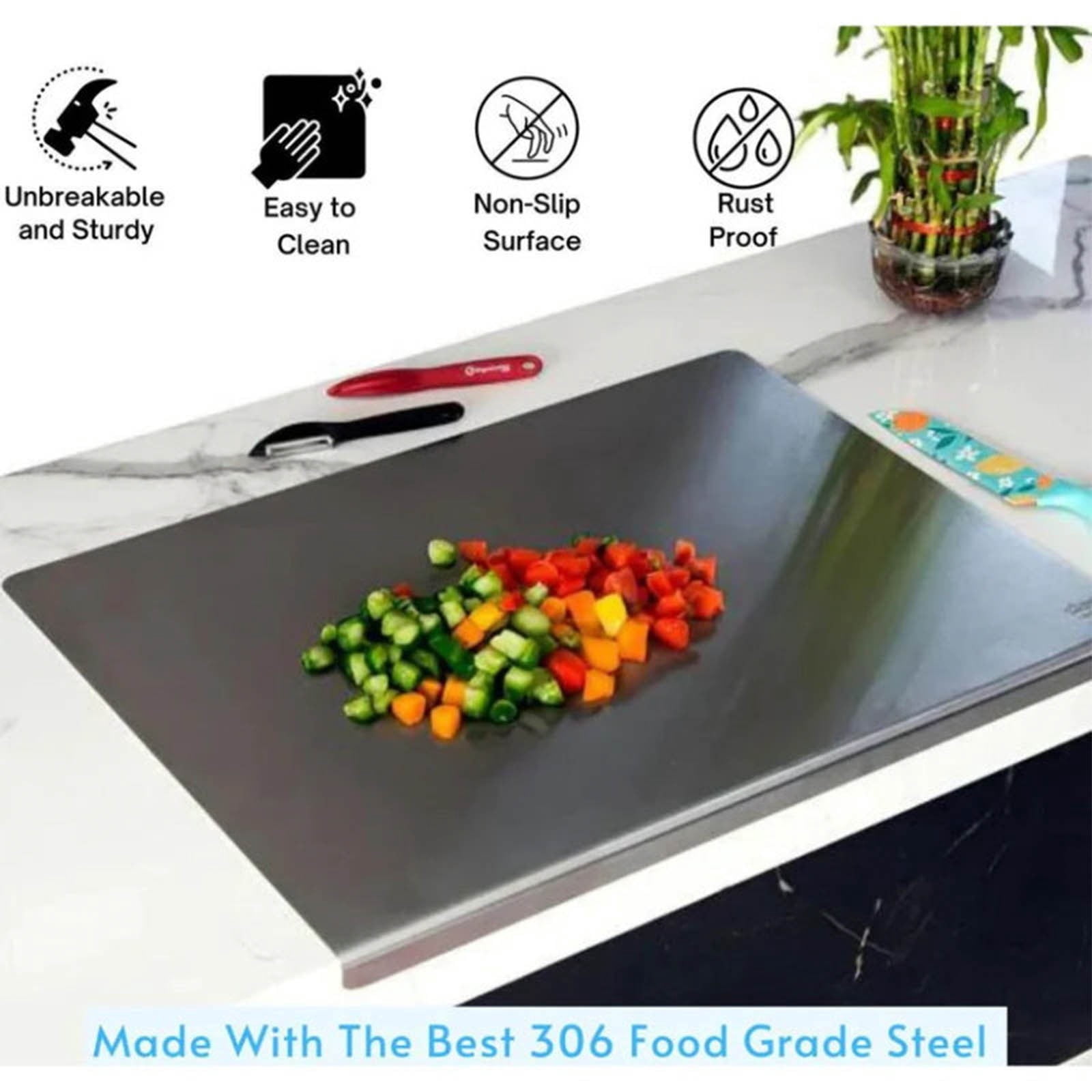 Bxaolu Stainless Steel Cutting Boards for Kitchen - Food-Grade - Suitable for Meat, Fruits, Veggies, Bread- Large-sized Chopping Boards with Lip - 11.81x17.75 in