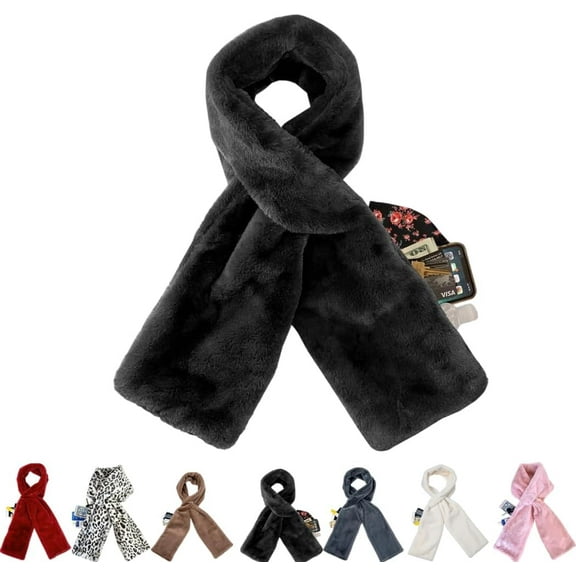Faux Fur Scarf with Hidden Zipper Pocket for Women, 2026 Winter Soft Cozy Pull-Through Scarf for Keys, Phone and Card