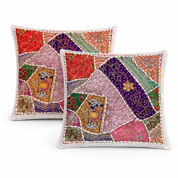 Handcrafted Vintage Patchwork Embroidered Cushion Cover with Mirror Work, Colorful Ethnic Bohemian Decor Pillow Case for Living Room Sofa 16X16