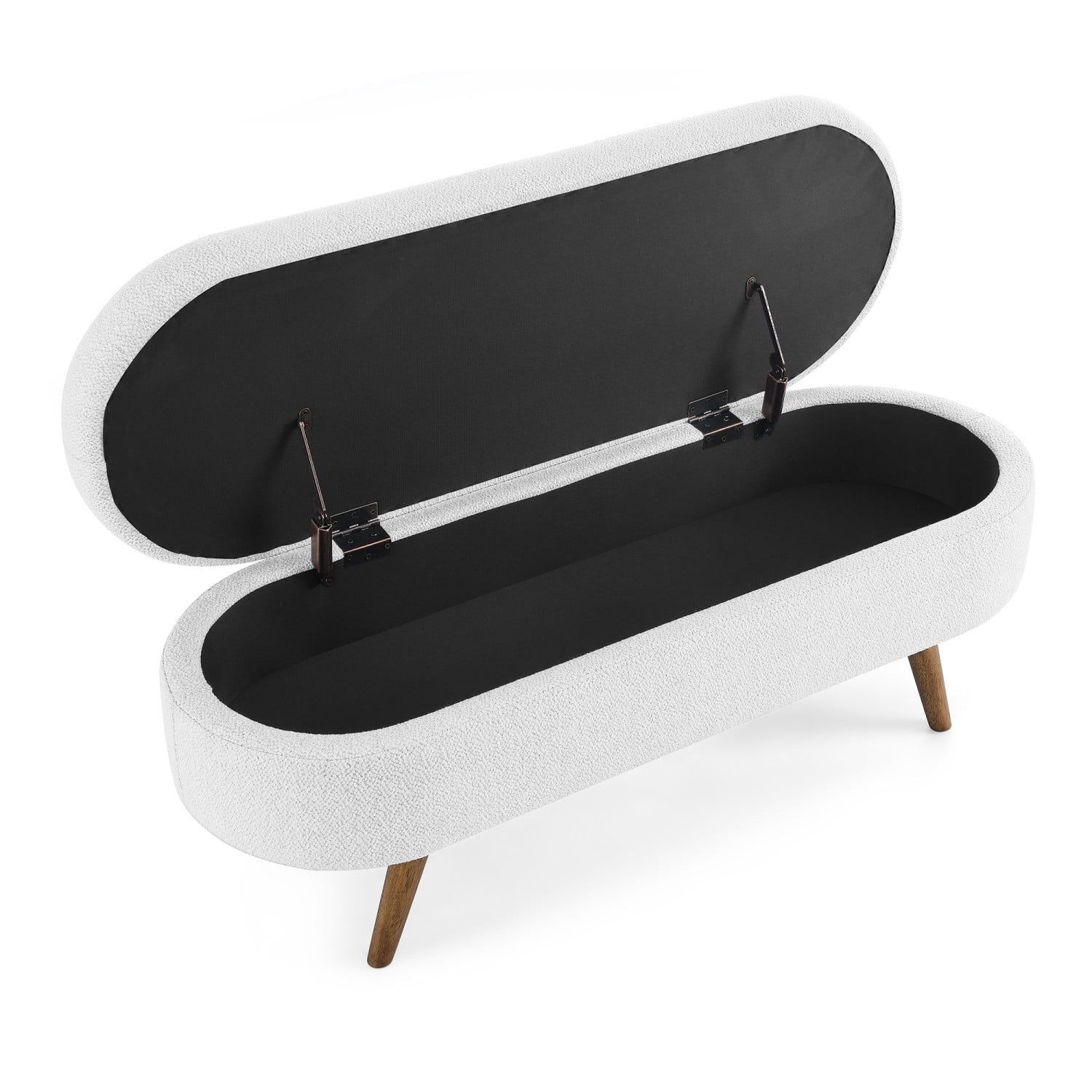 44" Oval Storage Ottoman Bench with Hidden Storage, Upholstered Fabric Ottoman Bench with Rubber Wood Legs for Bedroom, Entryway, Living Room, White