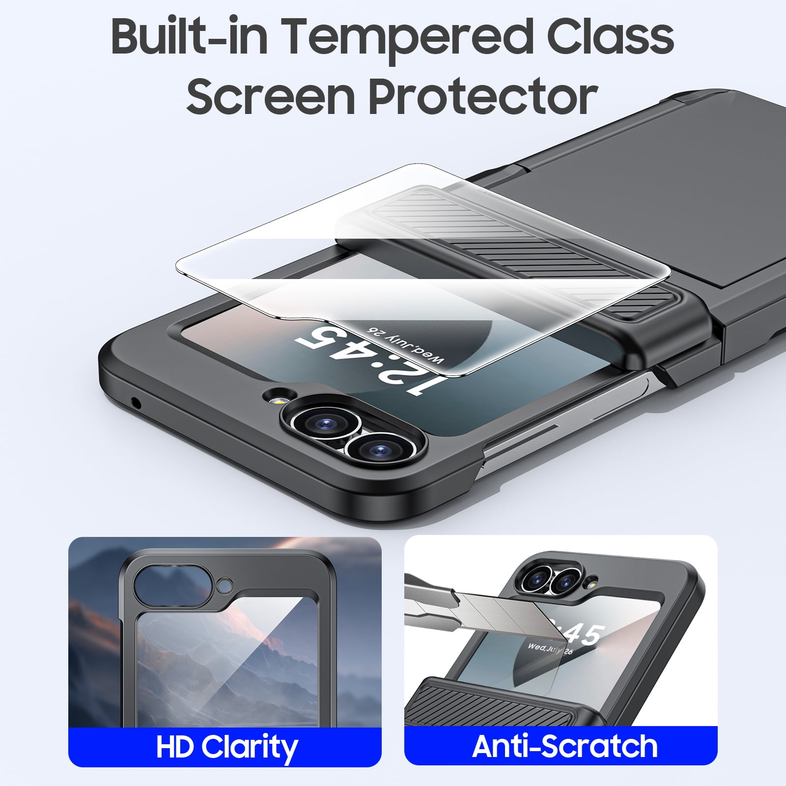 Oupeigar for Samsung Galaxy Z Flip 6/7FE Phone Case with Card Holder[RFID Blocking],Hinge Protection,Screen Protector,Shockproof Case-Black