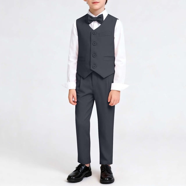 Conjuntos de camiseta sin mangas con cuello en V para niños, color sólido, sin mangas, cintura elástica, largo, mediano a grande, para niños con corbata, conjunto de tres piezas, conjunto de poliéster