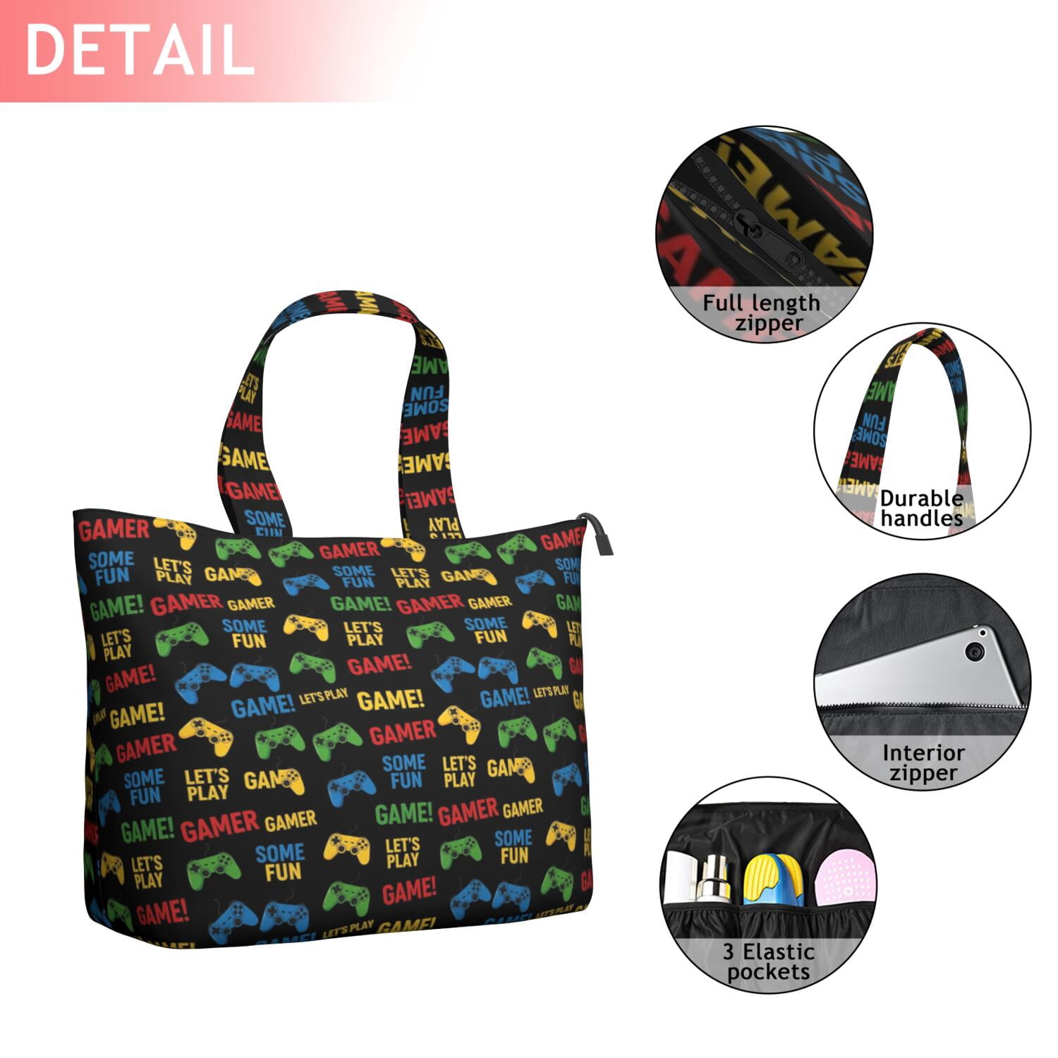 Multicolor Controllers Games Icons Black Pattern Travel Tote Bags for Women Carry On,Large Weekender Bags for Women Travel,Multi Functional Duffle Bag for Work,Shopping,Sports