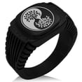 thumbnail image 1 of Stainless Steel Tree of Life Yin Yang CZ Ribbed Needle Stripe Pattern Biker Style Polished Ring, 1 of 1