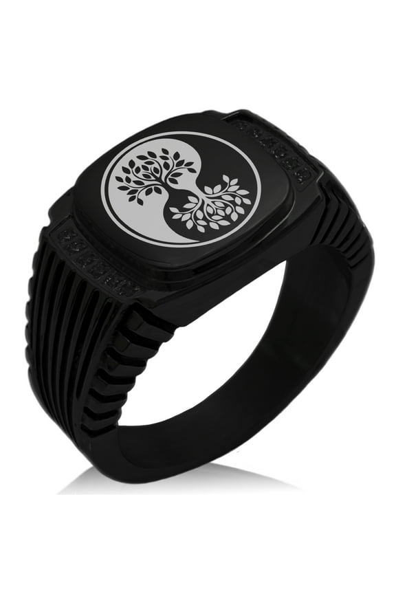 Stainless Steel Tree of Life Yin Yang CZ Ribbed Needle Stripe Pattern Biker Style Polished Ring