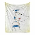 thumbnail image 1 of Vintage Woman Soft Flannel Fleece Throw Blanket, Fashion Sketch of Female with Hat and Blue Eyes Illustration, Cozy Plush for Indoor and Outdoor Use, 50" x 60", Ivory Blue Coral, by Ambesonne, 1 of 6