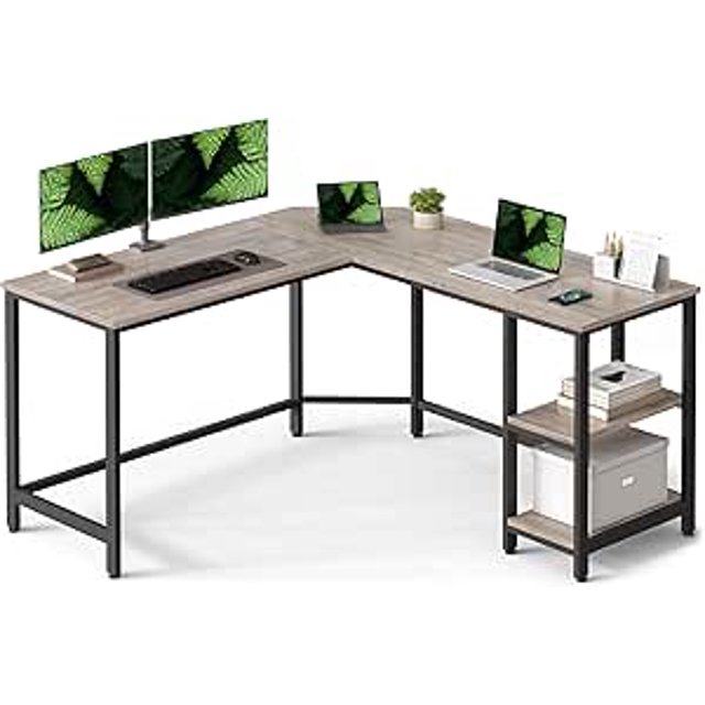 VASAGLE Escritorio de Ordenador, Escritorio de Esquina en Forma de L, 138 x 138 x 76 cm, Escritorio con 2 Estantes, para Oficina Casa, Juegos, Montaje Sencillo, Negro Ébano