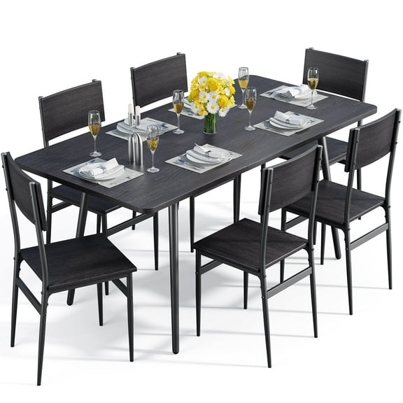 63” Kitchen Table and Chairs Set for 6, Lofka Extendable Dining Table Sets with 6 Wood High Back Seating Chairs, Black