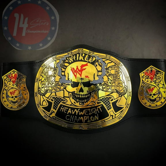 14Stars WWF Stone Cold Smoking Skull Championship Leather Belt Replica Golden Metal Plated Adult Size