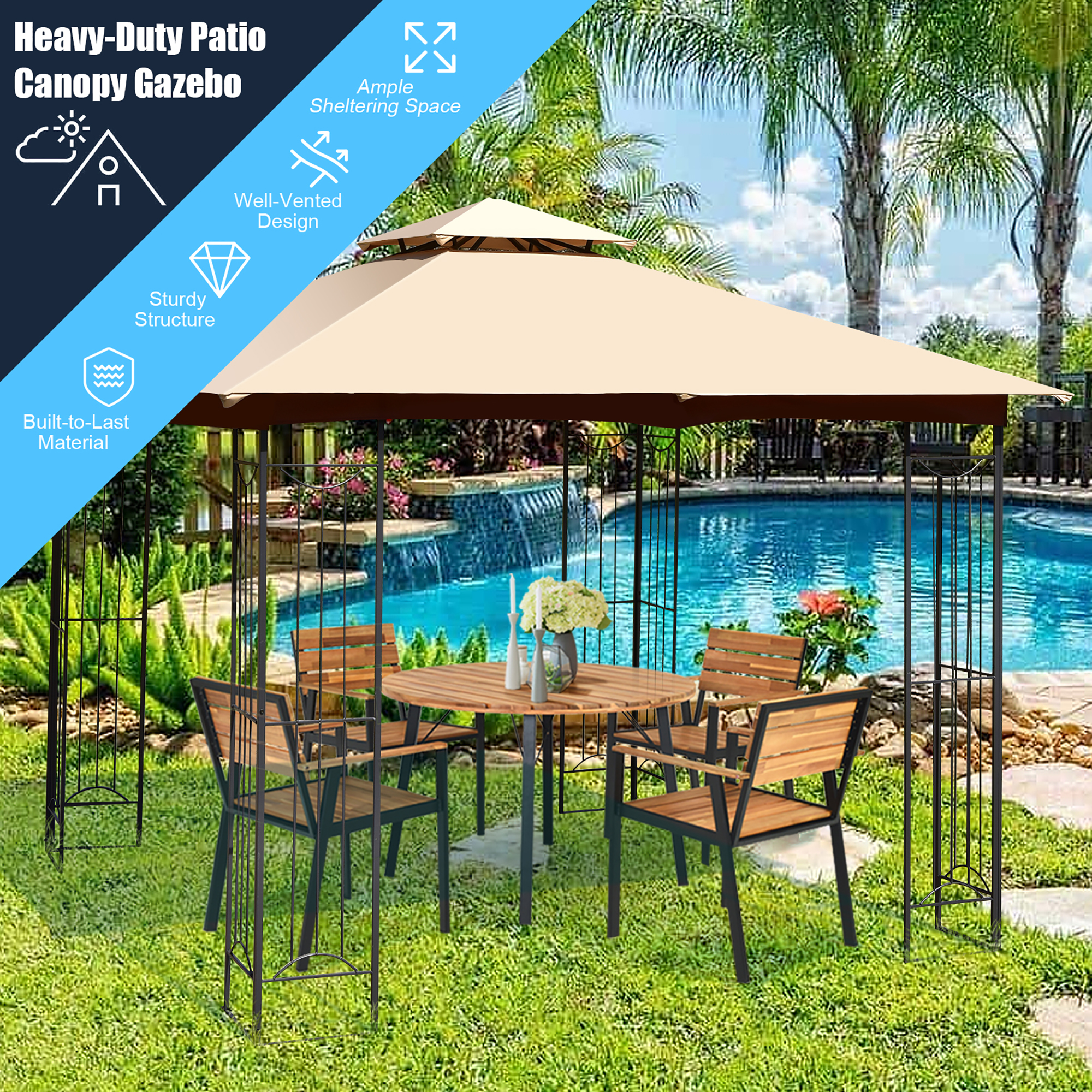 Costway 10' x 10' Patio Canopy Gazebo Outdoor 2-Tier Steel Tent Heavy-Duty L-Shaped Beige