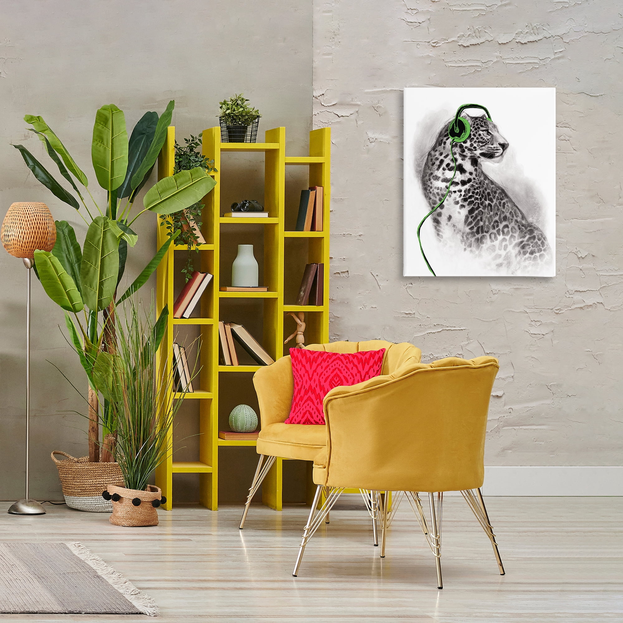 Stupell Industries Cheetah with Headphones Animals & Insects Painting Gallery Wrapped Canvas Art Print Wall Art, 24 x 30