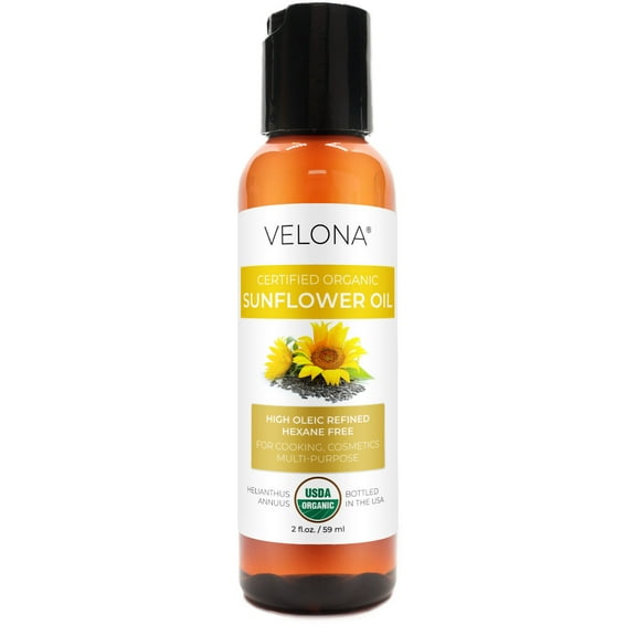 velona USDA Certified Organic Sunflower Oil - 2 Fl Oz | 100% Pure and Natural Carrier Oil | High Oleic, Refined| Cooking, Skin, Hair, Body & Face Moisturizing