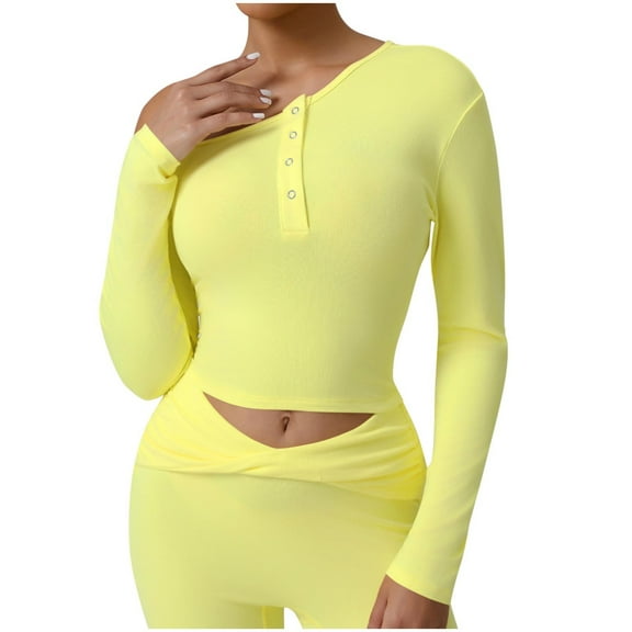 ABATAB Cropped Pullover Tops for Women Soft Lightweight Henley Neck Long Sleeve Layering Undershirts Casual Slim Fit Shirt Clothes(X-Large,Yellow)