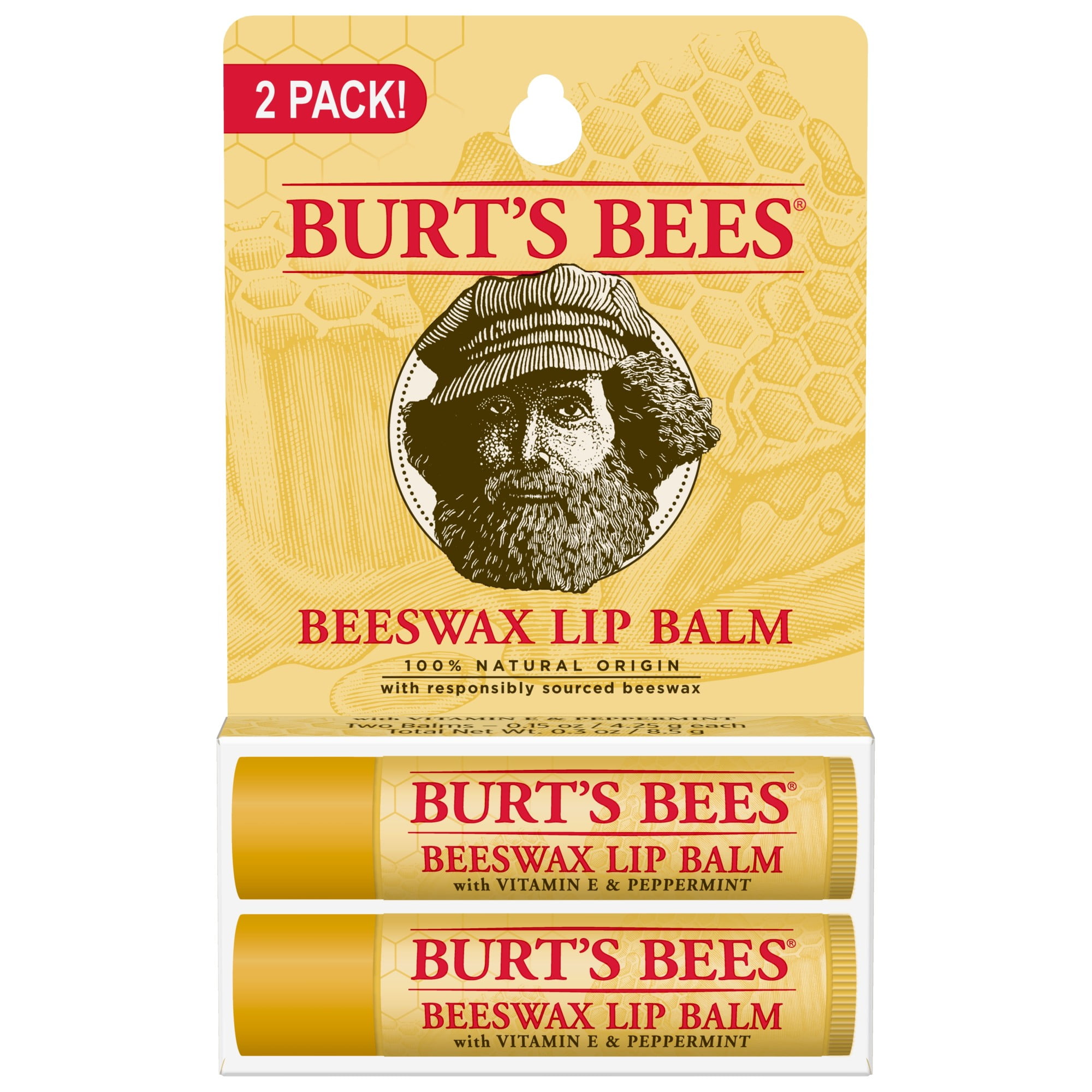 Burts Bees 100 Natural Origin Moisturizing Lip Balm, Beeswax, 2 Count