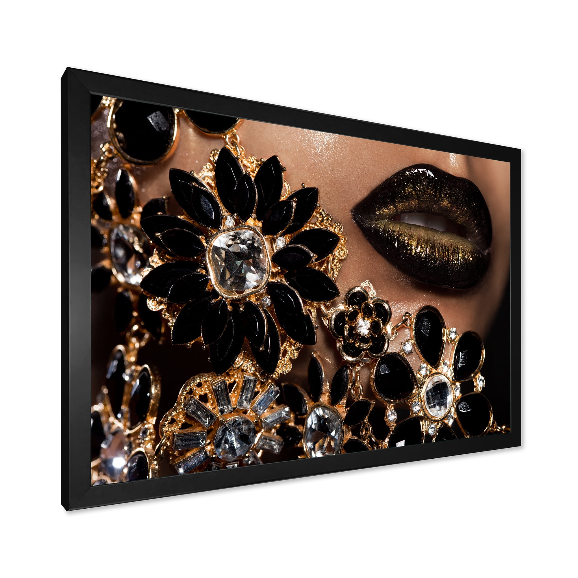 Designart 'Woman Lips With Golden Jewelry' Modern Framed Art Print