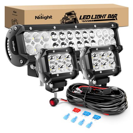 Nilight ZH016 12 Inch 72W Spot Combo Bar 2PCS 4 Inch 18W Flood LED Fog Lights with Off Road Wiring Harness- 2 Leads C80
