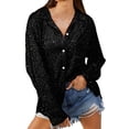 thumbnail image 2 of Black Womens Tops Women's Long Sleeve Fashionable Sequin Lapel Solid Color Casual Shirts for Women, 2 of 4