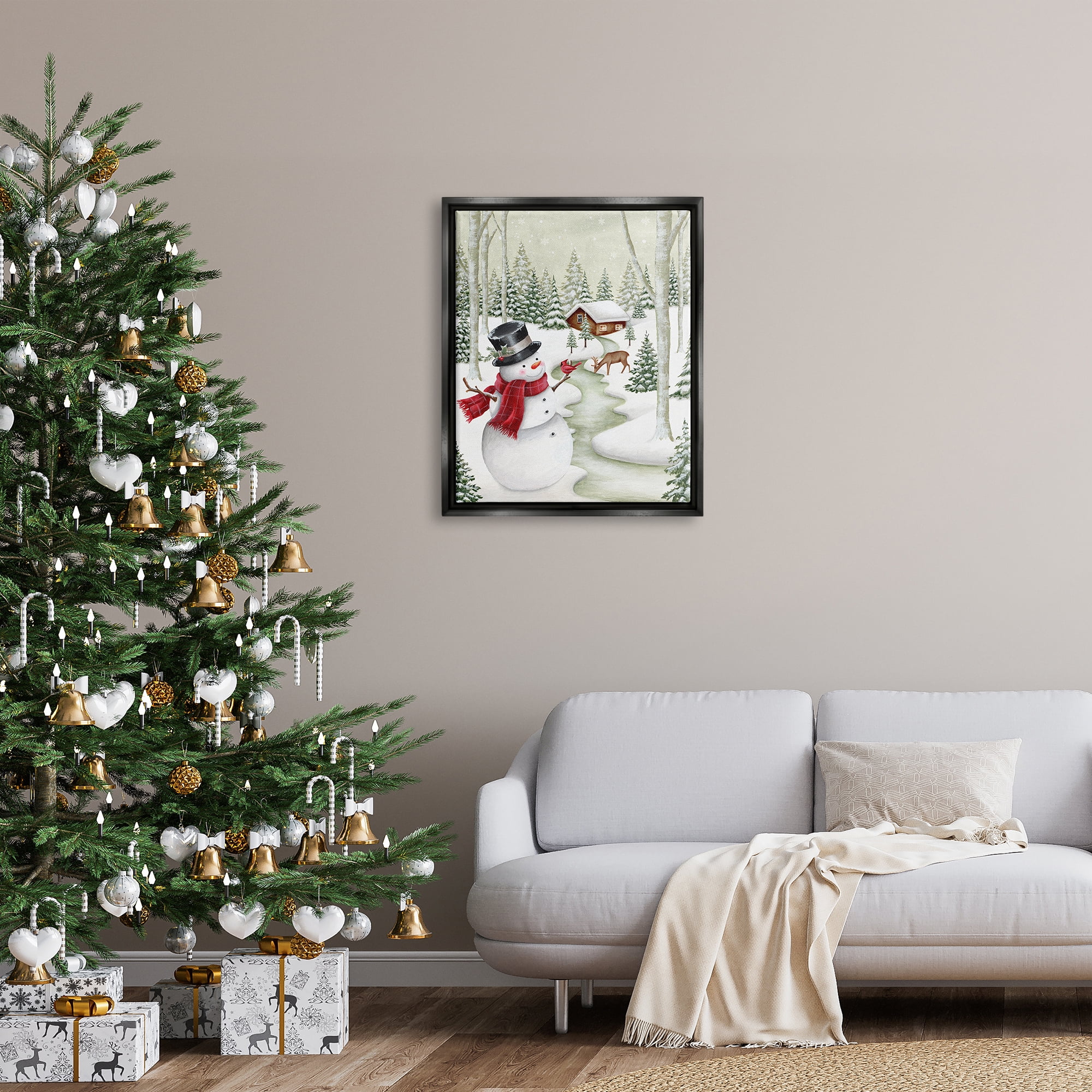Stupell Industries Snowman on Snowy Path Holiday Painting Black Floater Framed Canvas Art Print Wall Art, 25 x 31