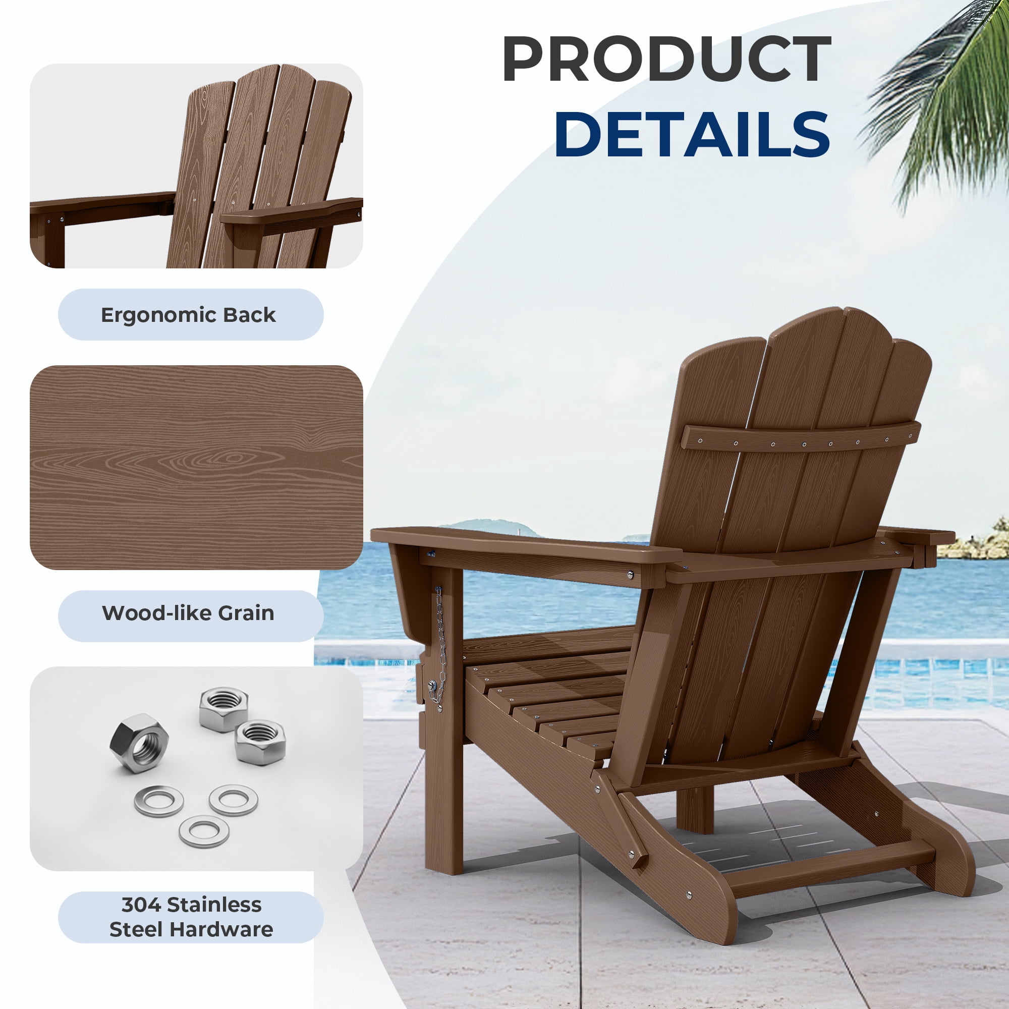FUNDAZE HDPE Adirondack Chair, Foldable Weather-resistant Outdoor Chair for Patio, Poolside, Garden, Yard, Brown