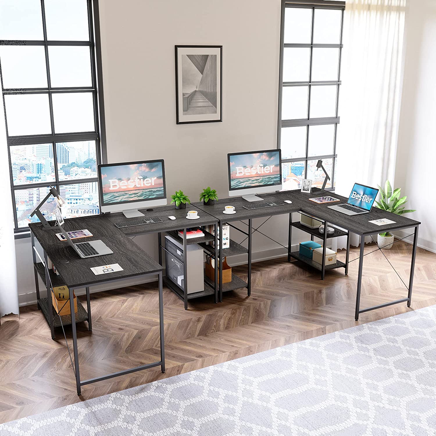 Bestier 86.6 inch Home Office Desk Reversible L Shaped Computer Table with Storage Shelves in Charcoal - image 5 of 9