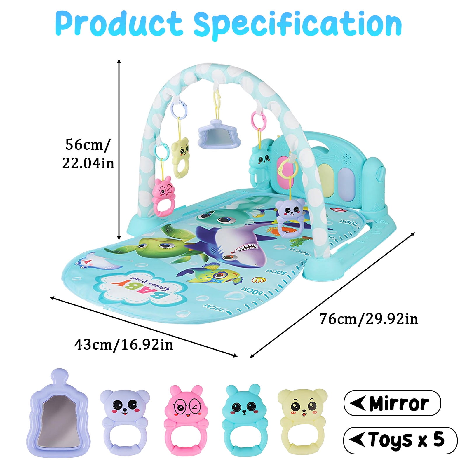 Baby Gym Play Mat 3 in 1 Fitness Music and Lights Fun Piano Activity Mat Infant Newborn Toys(Blue)