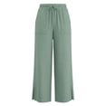 thumbnail image 2 of Krdevn Girls' Elastic Waist Wide-Leg Pants, Casual Split-Hem Linen-Blend Trousers with Pockets,Light Green, 2 of 8