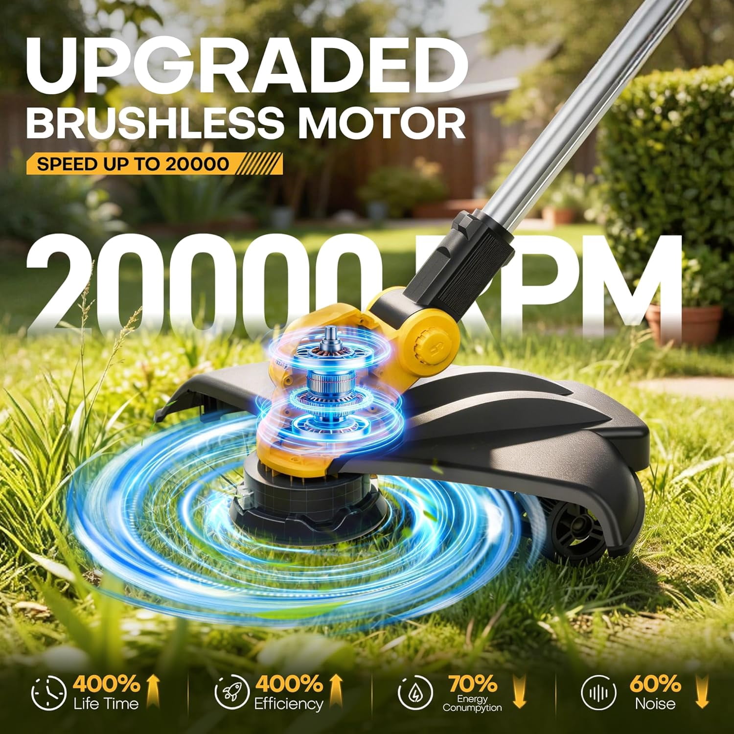 GEVEELIFE Bruchless Electric Weed Wacker String Trimmer,21V Cordless Weed Eater and Edger, 15'' Cutting Width with 2*5.0Ah Batteries Powered Brush Cutter, 4 in 1 Lawn Mower , Eco Friendly Grass Cutter