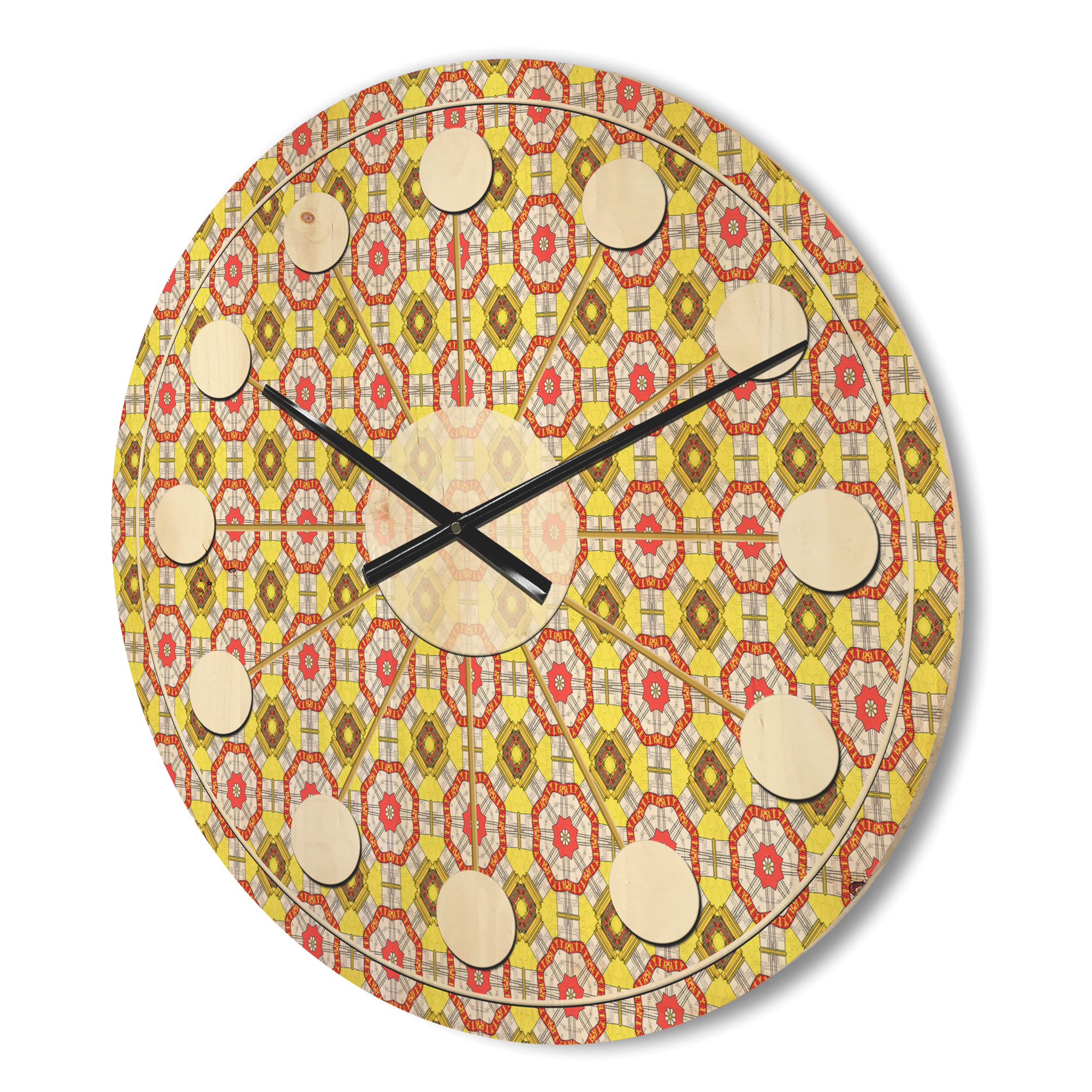 Designart 'Red and Yellow Retro Ethnic Kaleidoscope Design' Mid-Century Modern Wood Wall Clock