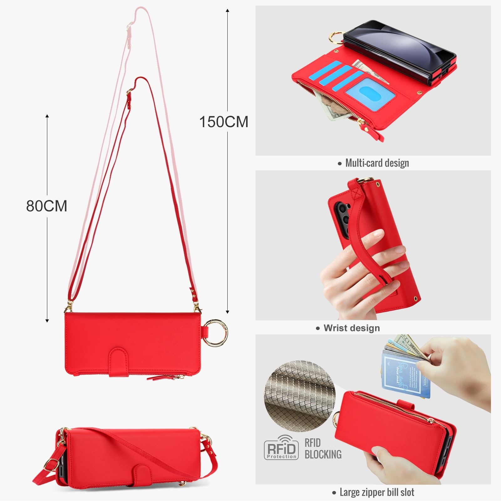 ChicShell Wallet Flip Case for Samsung Galaxy Z Fold 7, RFID Blocking Cards Slots Zipper Pocket Hand Strap Shockproof Stand Phone Case Cover with Crossbody Lanyard for Women Girls, Red