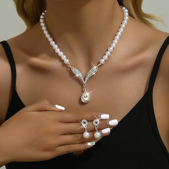 SmartBy 1 Set Bridal Faux Pearl Jewelry Women Rhinestone Pendant Necklace And Earrings Elegant Wedding Jewelry Set for Bridesmaid Bridal Shower Engagement