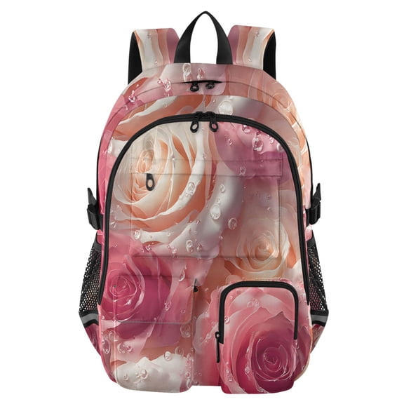 DIXRUYEE 3d Pink White Roses Pattern Backpack for School 14”Laptop Compatible with Reflective Safety Strips