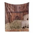 thumbnail image 1 of Barn Wood Wagon Wheel Soft Flannel Fleece Blanket, Rural Old Horse Stable Barn Interior Hay and Wood Planks Image Print, Cozy Plush for Indoor and Outdoor Use, 60" x 80", Brown Dust, by Ambesonne, 1 of 6