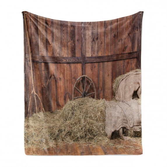 Barn Wood Wagon Wheel Soft Flannel Fleece Blanket, Rural Old Horse Stable Barn Interior Hay and Wood Planks Image Print, Cozy Plush for Indoor and Outdoor Use, 50" x 60", Brown Dust, by Ambesonne