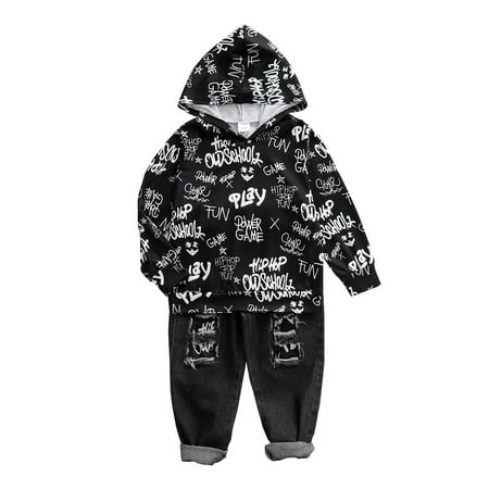 

4T Baby Boys Clothes Baby Boy 2PCS Outfits 4-5T Boys Letter Print Long Sleeve Hooded Top Jeans Pants Set Black