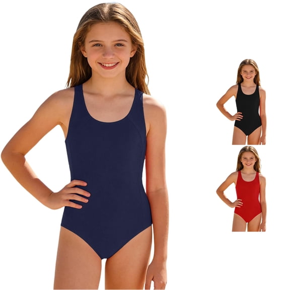 OSOLU One Piece Swimsuit Girls Racerback Athletic Swimwear Wide Straps Solid Color Padded Bathing Suit For Kids Teens 7-16Y Trendy Beachwear