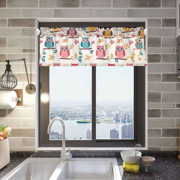 Colorful Owls on Branch Valance Curtains 54"x18" Rod Pocket for Kitchen Living Room Windows Farmhouse Decor