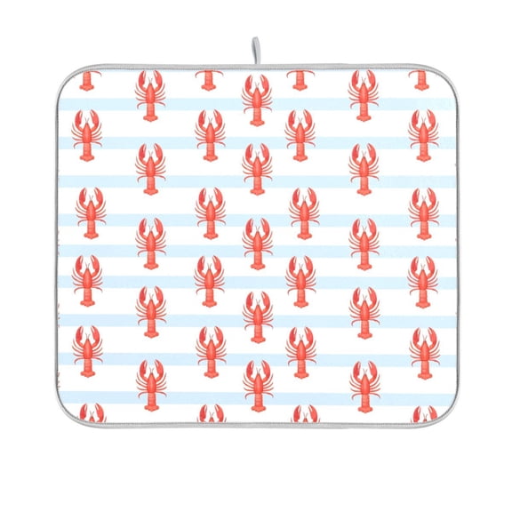 Yayeee Dish Drying Mat for Kitchen Counter 16"x18" Microfiber Absorbent Pad, Blue Stripes Lobster Pattern