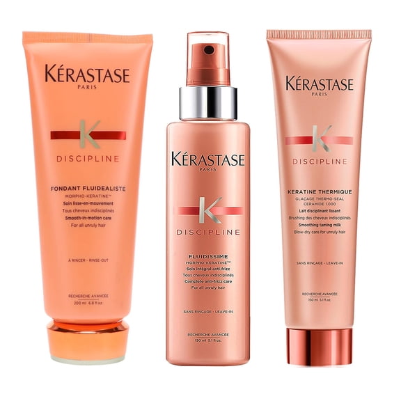 Kerastase Discipline Fondant Fluidealiste Conditioner 6.8 oz , Keratine Thermique Taming Milk Blow Dry Primer 5.1 oz , Fluidissime Anti Frizz Spray 5.1 oz, Trio Set