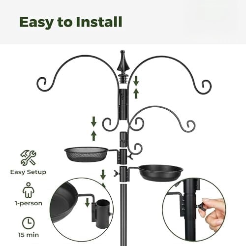 Bird Feeding Station Kit - 85 Inch Bird Feeder Pole with 5-Prong Base, Bird Feeder Stand for Outdoors Hanging Bird Feeders, Upgraded in Stability, Black