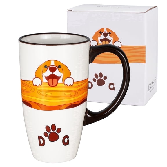 EPFamily 20 oz Large Cute Dog Coffee Mugs with Handle,Tall Ceramic Cup with Paw Print, Microwave Dishwasher Safe Gift for Pet Lovers, White & Brown