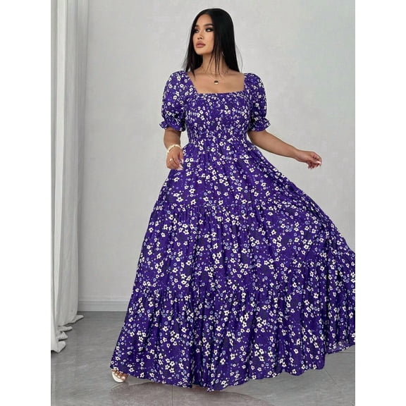 Purple Plus Size Summer Casual Ditsy Floral Square Neck Puff Sleeve Tiered Maxi Dress
