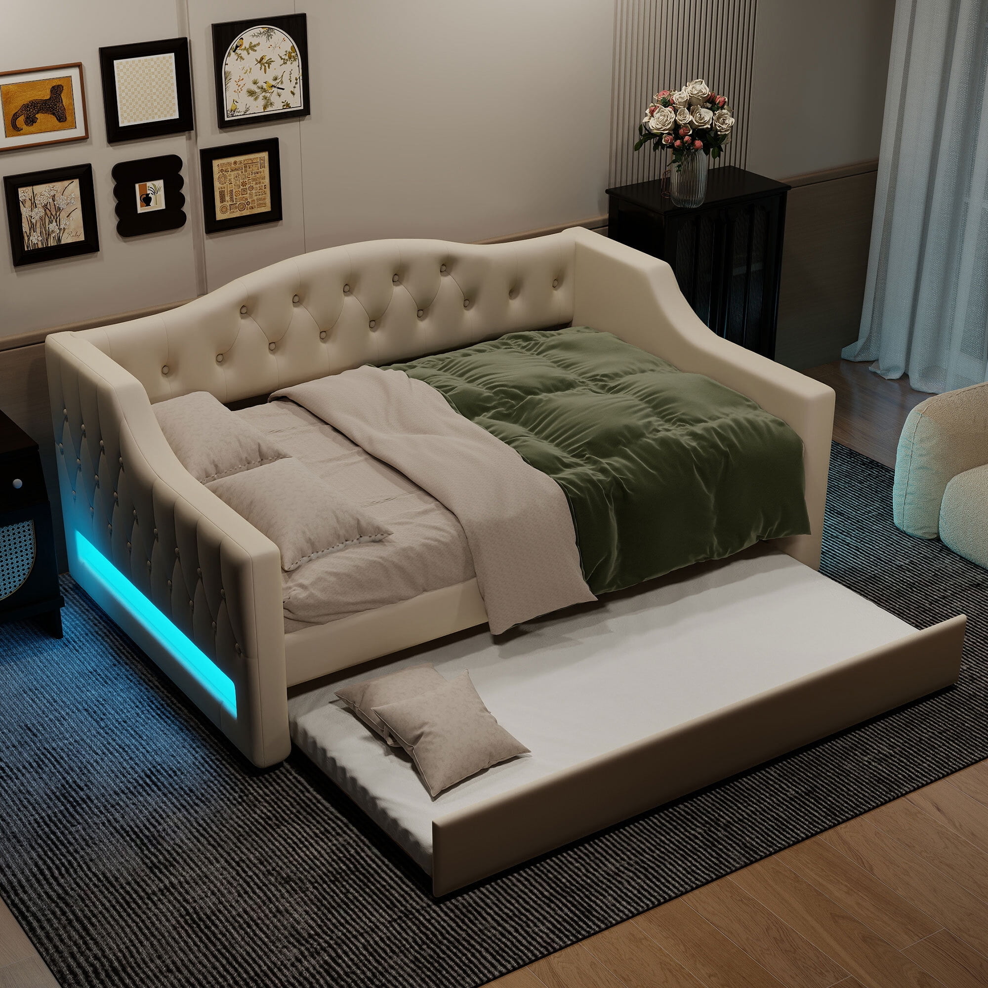 Euroco Upholstery Full XL Daybed with Trundle and LED Light, Beige
