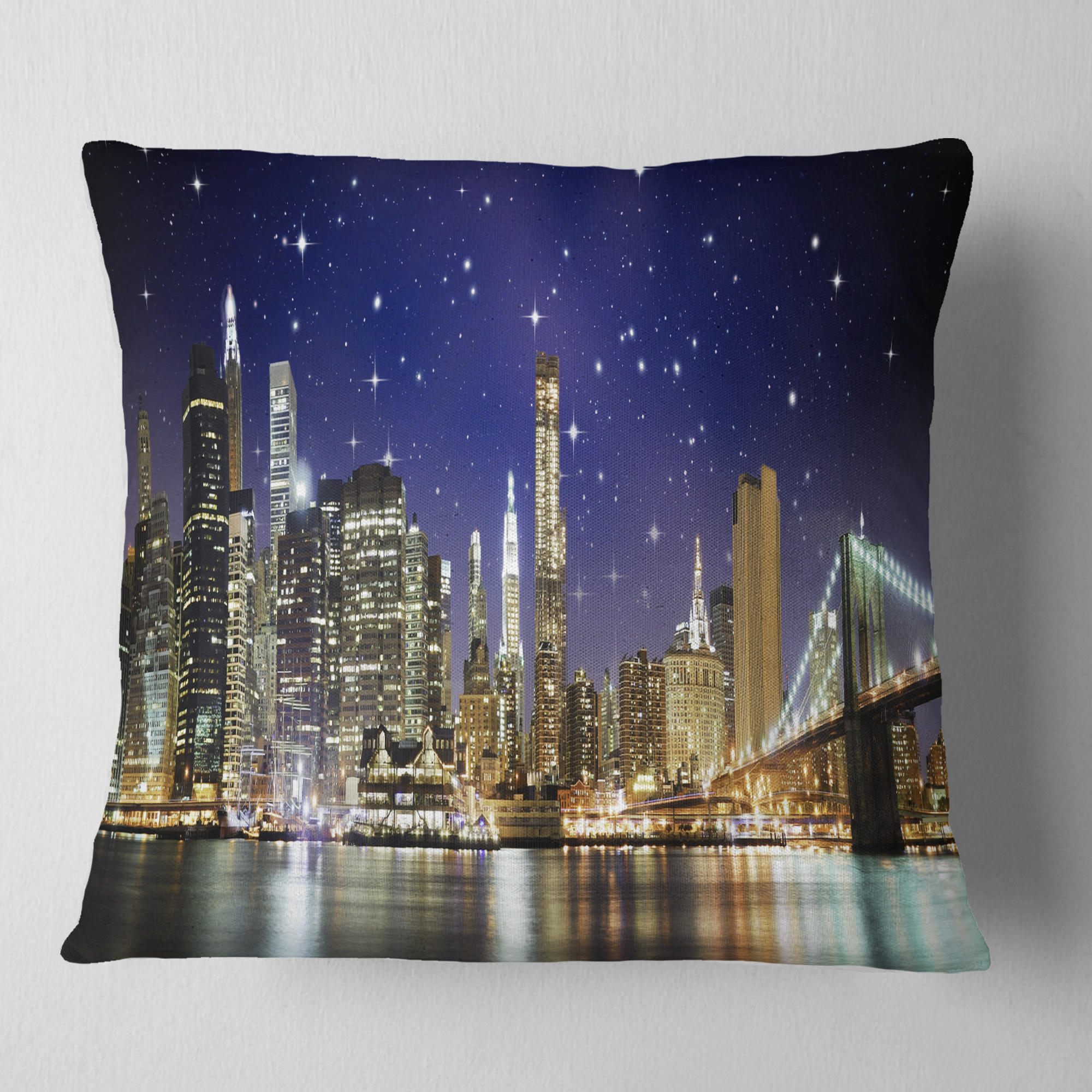 Designart Night Colors over Brooklyn Bridge - Cityscape Photo Throw Pillow - 16x16