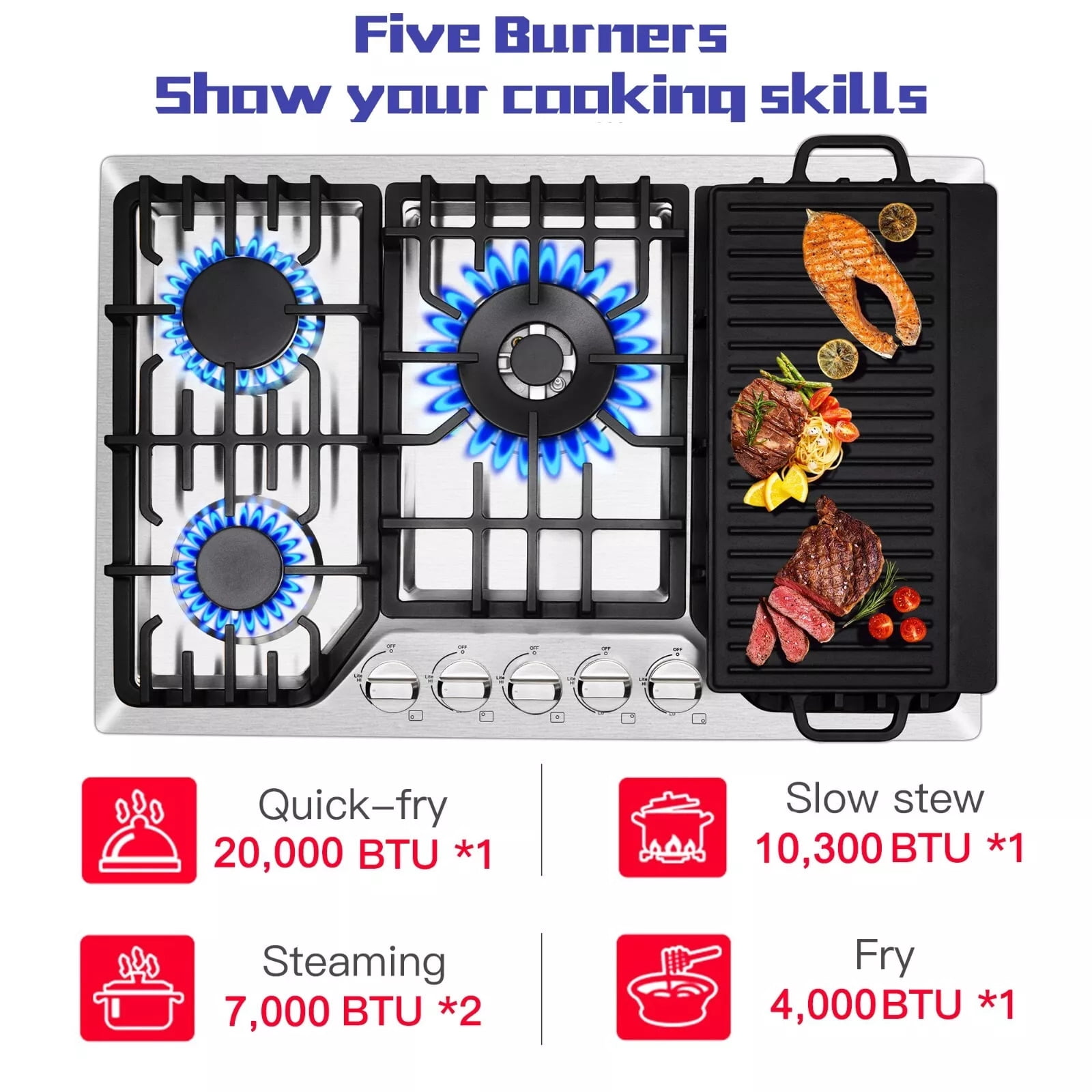 AMZGACHFKTCH 5 Burners Gas Cooktop Stainless Steel Reversible Grill