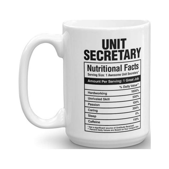 Unit Secretary Nutritional Facts Coffee & Tea Gift Mug, Secretarial Appreciation Gifts for Medical Administrative Assistant and Office Secretaries (15oz)