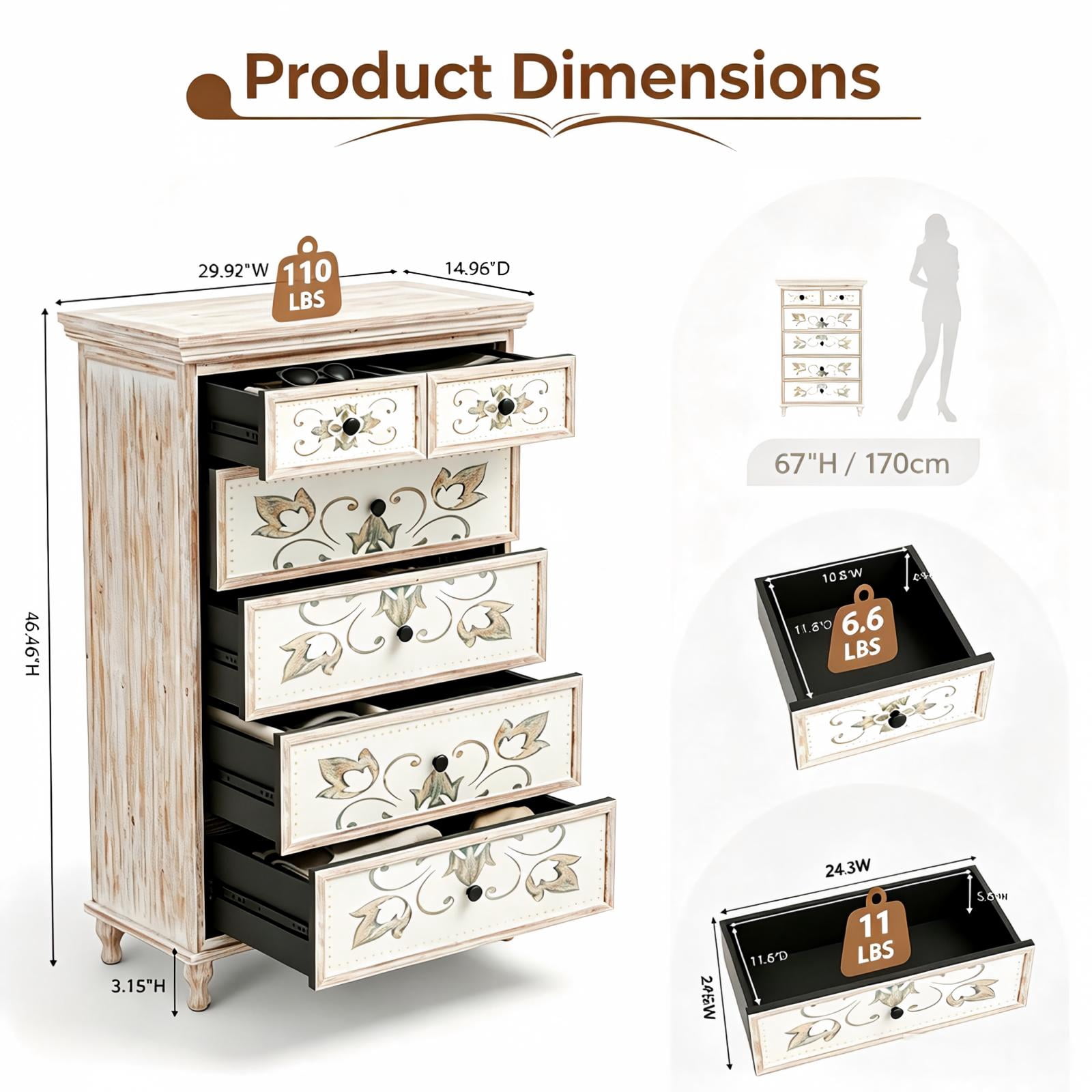6-Drawer Carved Dresser, MDF and Solid Wood Leg, Tall Narrow Chest for Bedroom, White