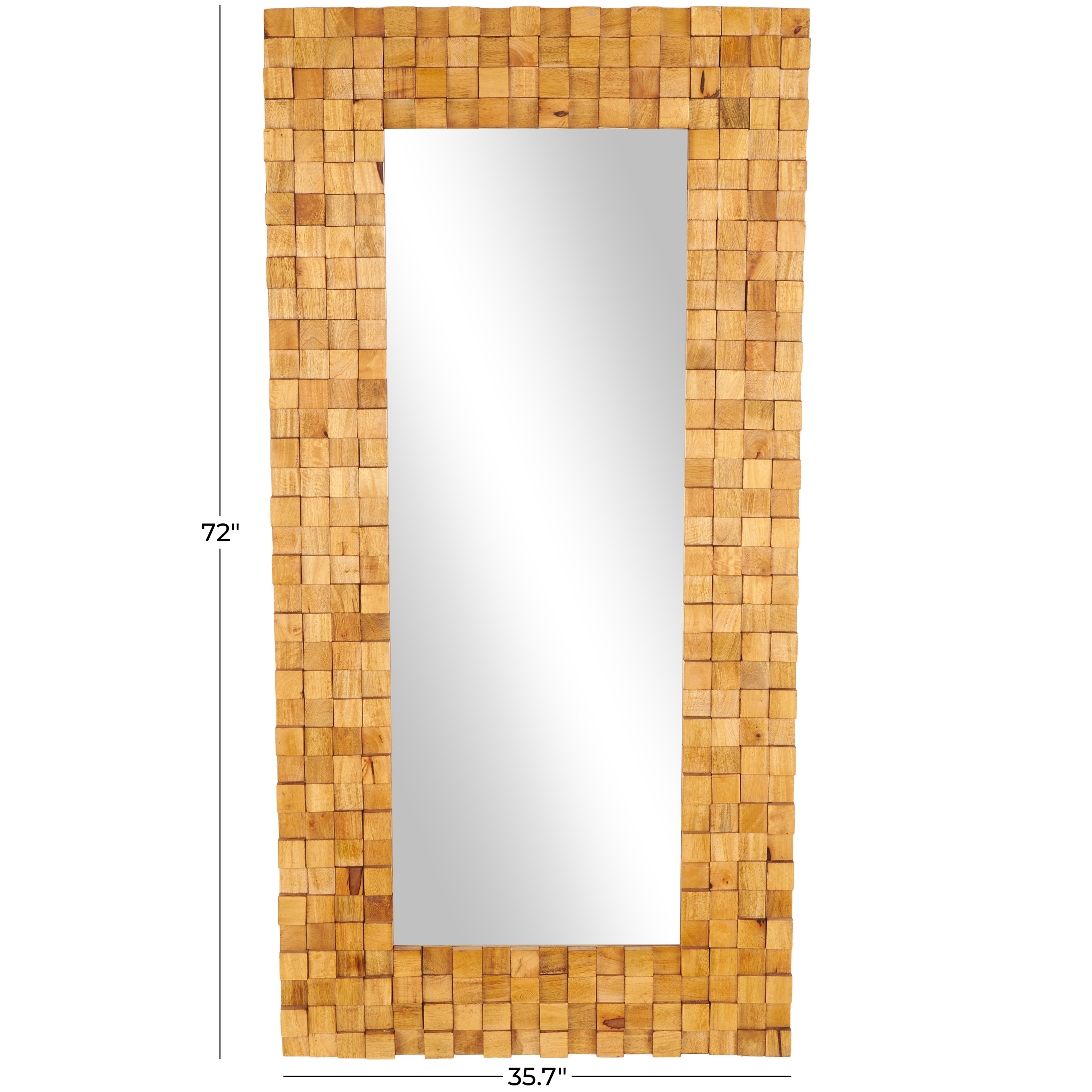 DecMode 36" x 72" Brown Mango Wood Geometric Handmade Dimensional Square Mosaic Floor Mirror with Natural Wood Grain Patterns