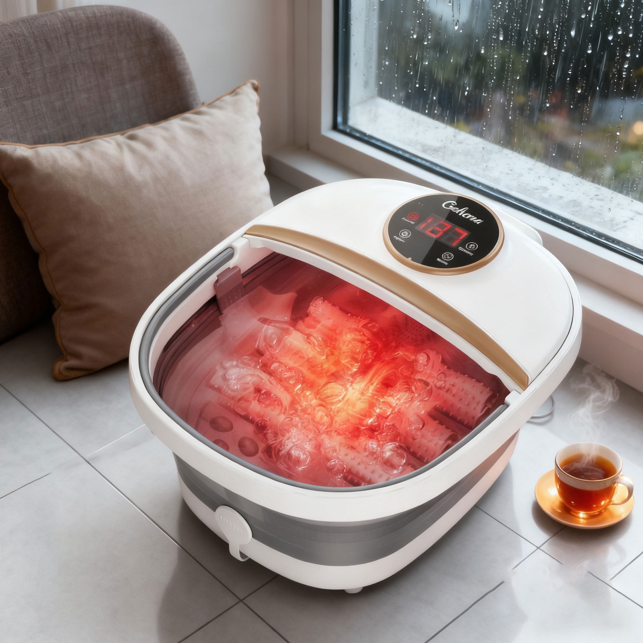 Gehana Foot Spa Massager with Heat, Red Light Therapy & Bubble Jets - Digital Display Foot Bath with Roller Massage for Stress Relief, Collapsible Design for Home Use