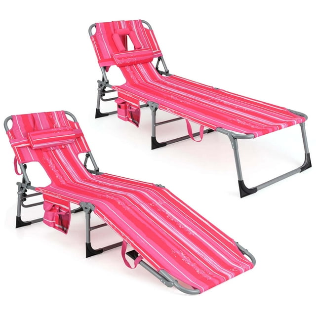 Costway 2 PCS Outdoor Beach Lounge Chair Folding Chaise Lounge with Pillow Pink Stripe