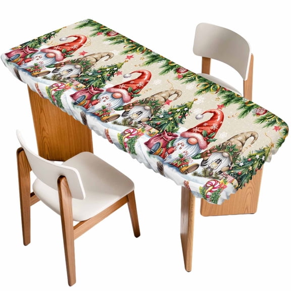 Beige Christmas Table Cloths for 8 Foot Rectangle Tables, Gnomes Xmas Tree Snowflake Gifts Patio Waterproof Elastic Fitted Tablecloths, Washable Rectangular Table Cover for Camping